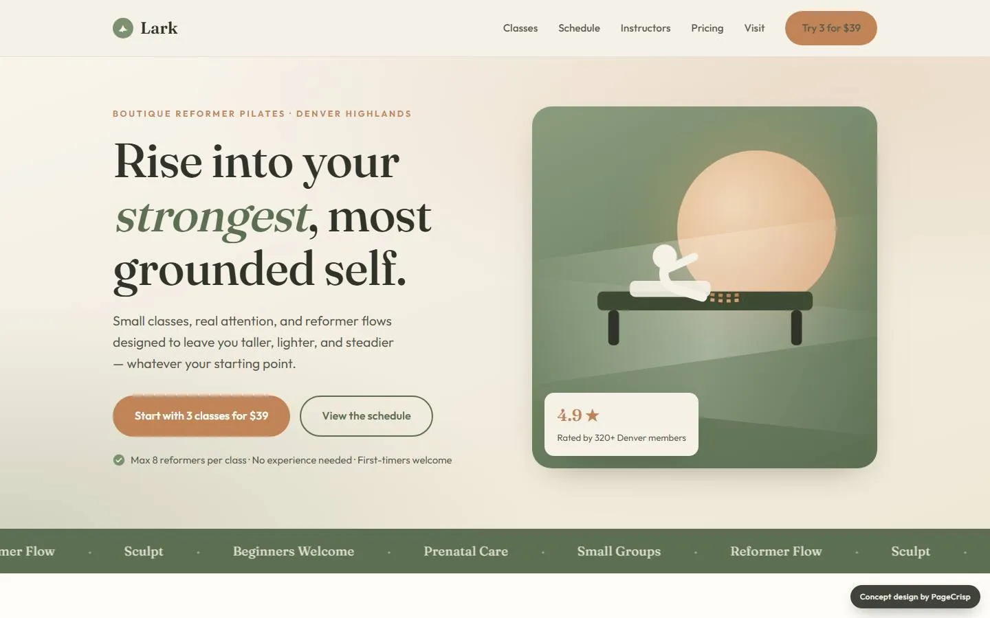 Lark Pilates Studio — concept website design by pagecrisp